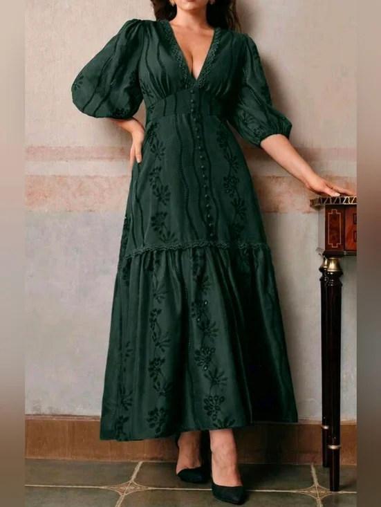 New Cottage Embroidered Eyelet Lace Button Trim Long Dress PLUS Dark Green - Picture 2 of 9